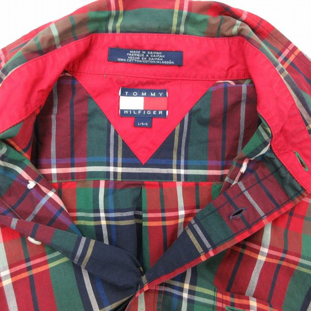 TOMMY HILFIGER(トミーヒルフィガー)のXL★古着 トミーヒルフィガー TOMMY HILFIGER 半袖 ブランド シャツ メンズ 90年代 90s ワンポイントロゴ ロング丈 コットン ボタンダウン 緑他 グリーン チェック 23sep04 中古 トップス メンズのトップス(シャツ)の商品写真