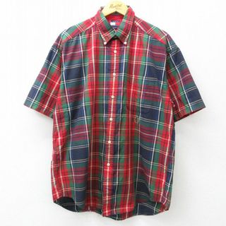 トミーヒルフィガー(TOMMY HILFIGER)のXL★古着 トミーヒルフィガー TOMMY HILFIGER 半袖 ブランド シャツ メンズ 90年代 90s ワンポイントロゴ ロング丈 コットン ボタンダウン 緑他 グリーン チェック 23sep04 中古 トップス(シャツ)