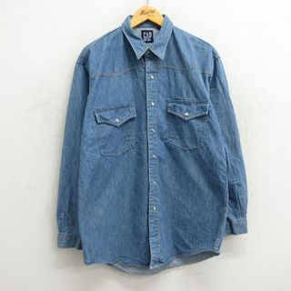 ギャップ(GAP)のL★古着 ギャップ GAP 長袖 ウエスタン シャツ メンズ 90年代 90s ロング丈 コットン 紺 ネイビー デニム 【spe】 23sep04 中古 トップス(シャツ)