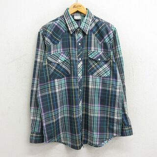 XL★古着 長袖 ウエスタン シャツ メンズ 90年代 90s 緑他 グリーン チェック 23sep04 中古 トップス(シャツ)