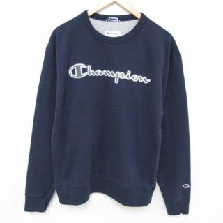 チャンピオン(Champion)のL★古着 チャンピオン Champion 長袖 スウェット メンズ ビッグロゴ 刺繍 クルーネック 紺 ネイビー 23sep04 中古 スエット トレーナー トップス(パーカー)