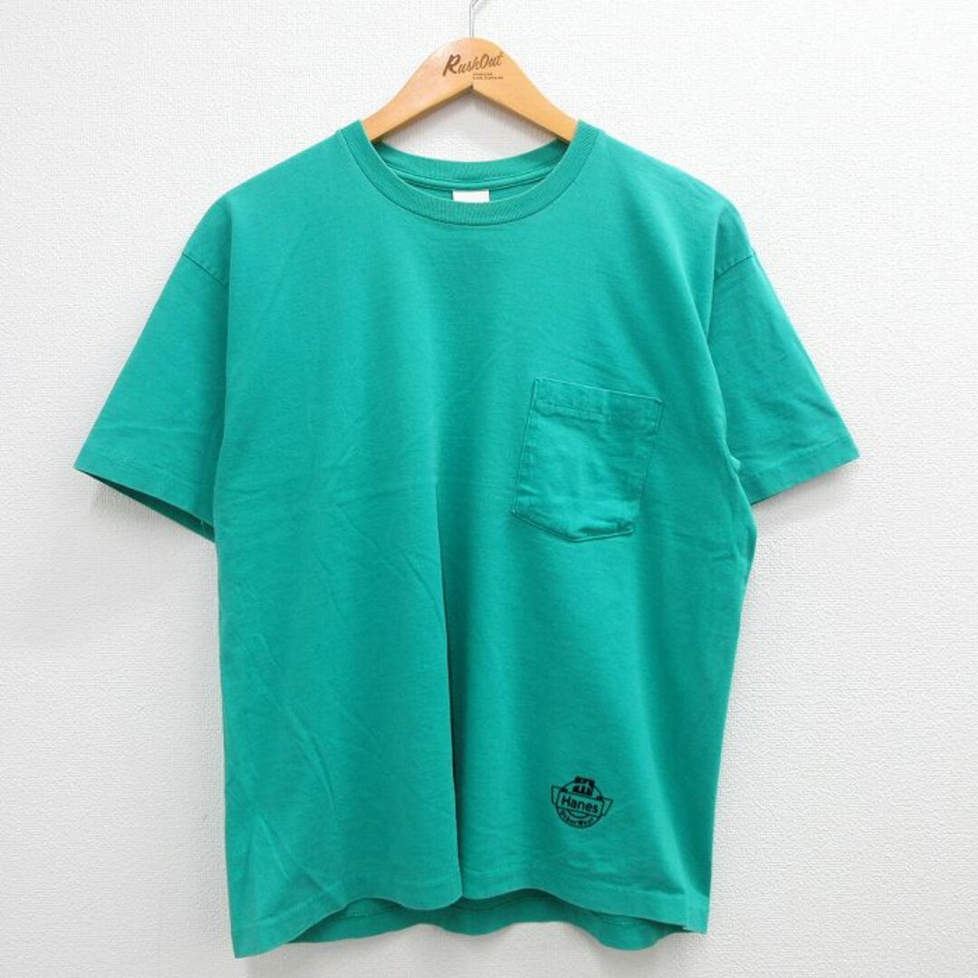 Hanes(ヘインズ)のL★古着 ヘインズ Hanes 半袖 ビンテージ Tシャツ メンズ 80年代 80s ワンポイントロゴ 胸ポケット付き コットン クルーネック USA製 青緑 23sep01 中古 メンズのトップス(Tシャツ/カットソー(半袖/袖なし))の商品写真