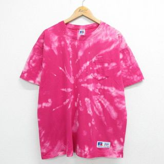 XL★古着 ラッセル 半袖 ビンテージ Tシャツ メンズ 90年代 90s 胸ポケット付き 無地 大きいサイズ コットン クルーネック USA製 濃ピンク ブリーチ加工 23sep02 中古(Tシャツ/カットソー(半袖/袖なし))