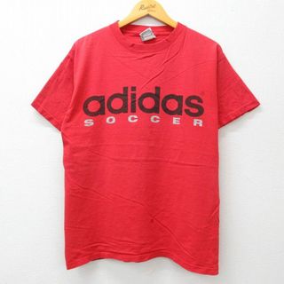 アディダス(adidas)のL★古着 アディダス adidas 半袖 ビンテージ Tシャツ メンズ 90年代 90s ビッグロゴ コットン クルーネック USA製 赤 レッド 23sep04 中古(Tシャツ/カットソー(半袖/袖なし))