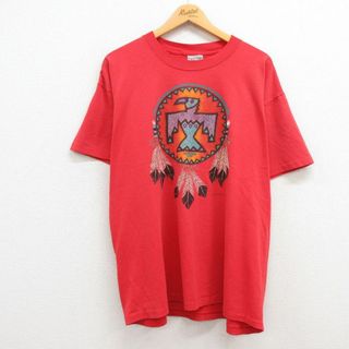 XL★古着 オニータ ONEITA 半袖 ビンテージ Tシャツ メンズ 90年代 90s ドリームキャッチャー 鳥 羽 大きいサイズ クルーネック 赤 レッド 23sep04 中古(Tシャツ/カットソー(半袖/袖なし))