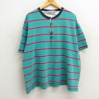 エアロポステール(AEROPOSTALE)のXL★古着 エアロポステール AEROPOSTALE 半袖 ビンテージ Tシャツ メンズ 90年代 90s 鹿の子 大きいサイズ コットン ヘンリーネック 青緑他 ボーダー 23sep04 中古(Tシャツ/カットソー(半袖/袖なし))