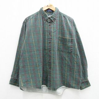 XL★古着 長袖 シャツ メンズ 90年代 90s 大きいサイズ コットン ボタンダウン USA製 緑 グリーン チェック 23sep06 中古 トップス(シャツ)