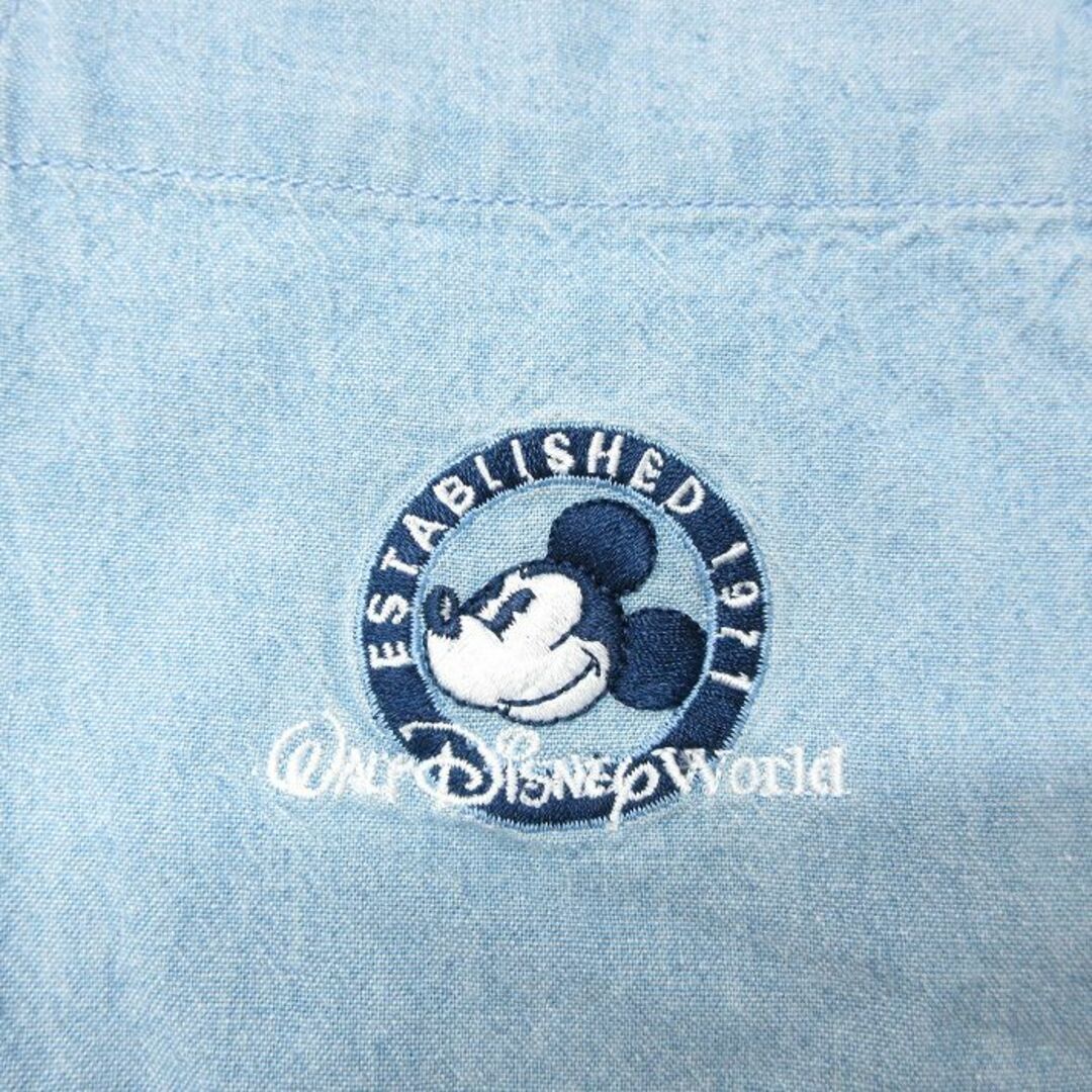 Disney(ディズニー)のXL★古着 長袖 シャツ メンズ 00年代 00s ディズニー DISNEY ミッキー MICKEY MOUSE 大きいサイズ ロング丈 コットン ボタンダウン 薄紺 ネイビー 23sep06 中古 トップス メンズのトップス(シャツ)の商品写真