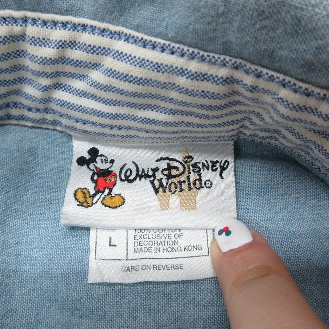 Disney(ディズニー)のXL★古着 長袖 シャツ メンズ 00年代 00s ディズニー DISNEY ミッキー MICKEY MOUSE 大きいサイズ ロング丈 コットン ボタンダウン 薄紺 ネイビー 23sep06 中古 トップス メンズのトップス(シャツ)の商品写真