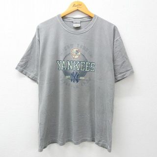 XL★古着 半袖 Tシャツ メンズ MLB ニューヨークヤンキース 大きいサイズ コットン クルーネック グレー 霜降り メジャーリーグ ベースボール 野球 23sep06 中古(Tシャツ/カットソー(半袖/袖なし))