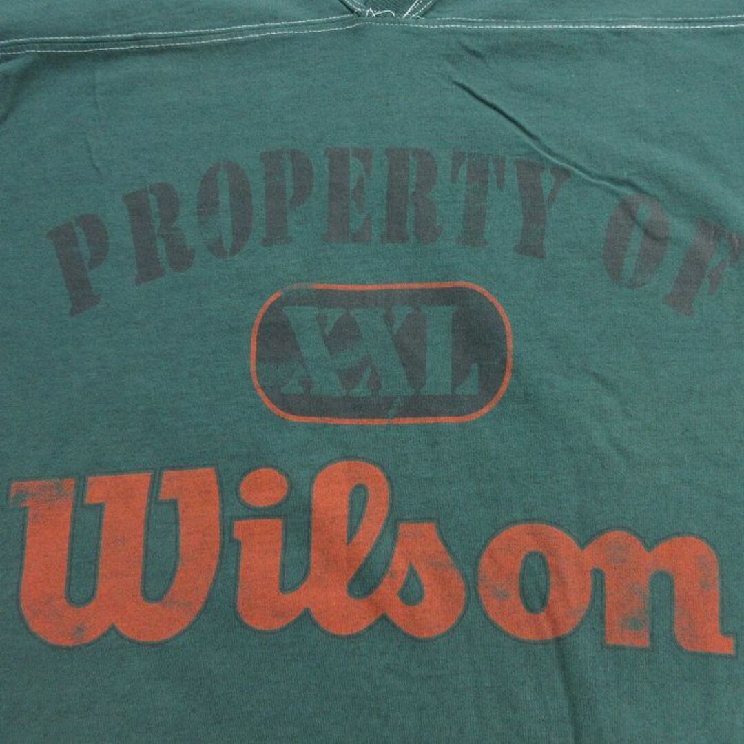 wilson(ウィルソン)のXL★古着 ウィルソン 7分袖 ビンテージ フットボール Tシャツ メンズ 00年代 00s ビッグロゴ Vネック 緑 グリーン 23sep08 中古 7分丈 七分丈 七分袖 メンズのトップス(Tシャツ/カットソー(半袖/袖なし))の商品写真