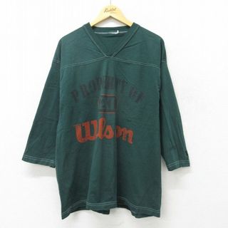 ウィルソン(wilson)のXL★古着 ウィルソン 7分袖 ビンテージ フットボール Tシャツ メンズ 00年代 00s ビッグロゴ Vネック 緑 グリーン 23sep08 中古 7分丈 七分丈 七分袖(Tシャツ/カットソー(半袖/袖なし))