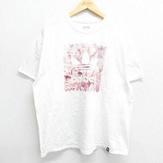 アディダス(adidas)のXL★古着 アディダス adidas 半袖 ブランド Tシャツ メンズ ビッグロゴ リーフ トレフォイル 大きいサイズ コットン クルーネック 白 ホワイト 23sep07 中古(Tシャツ/カットソー(半袖/袖なし))