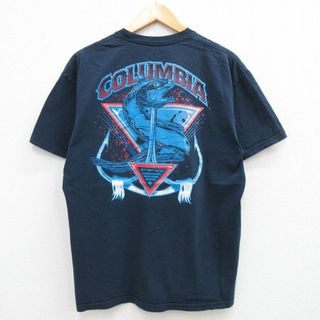 コロンビア(Columbia)のL★古着 コロンビア COLUMBIA 半袖 ブランド Tシャツ メンズ PFG 魚 ルアー コットン クルーネック 紺 ネイビー 23sep08 中古(Tシャツ/カットソー(半袖/袖なし))