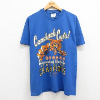 ヘインズ(Hanes)のL★古着 ヘインズ Hanes 半袖 ビンテージ Tシャツ メンズ 00年代 00s ケンタッキー ワイルドキャッツ コットン クルーネック 青 ブルー 23sep06 中古(Tシャツ/カットソー(半袖/袖なし))