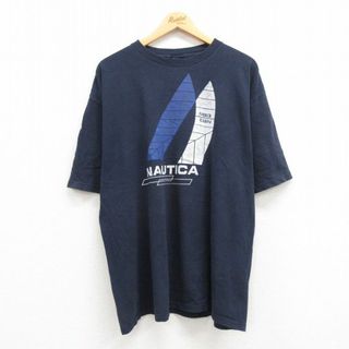 ノーティカ(NAUTICA)のXL★古着 ノーティカ NAUTICA 半袖 ビンテージ ブランド Tシャツ メンズ 90年代 90s ビッグロゴ 大きいサイズ コットン クルーネック USA製 紺 ネイビー 23sep06 中古(Tシャツ/カットソー(半袖/袖なし))