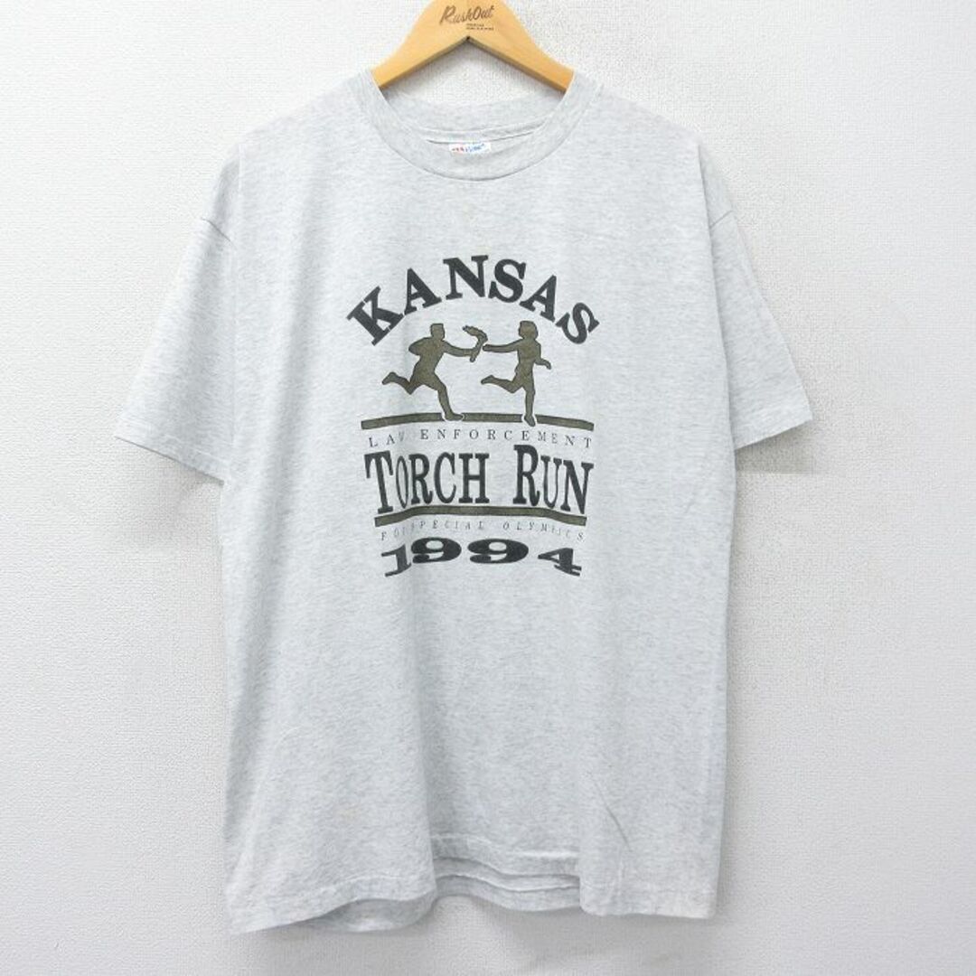 Hanes(ヘインズ)のXL★古着 ヘインズ Hanes 半袖 ビンテージ Tシャツ メンズ 90年代 90s カンザス トーチラン ラメ 企業広告 クルーネック USA製 薄グレー 霜降り 23sep06 中古 メンズのトップス(Tシャツ/カットソー(半袖/袖なし))の商品写真