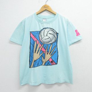 オーシャンパシフィック(OCEAN PACIFIC)のXL★古着 オーシャンパシフィック OP 半袖 ビンテージ Tシャツ メンズ 90年代 90s バレーボール クルーネック 薄青緑 23sep06 中古(Tシャツ/カットソー(半袖/袖なし))