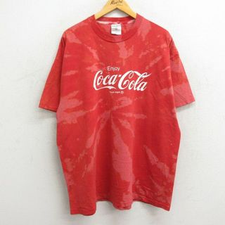 XL★古着 半袖 ビンテージ Tシャツ メンズ 90年代 90s コカコーラ 大きいサイズ クルーネック USA製 赤他 レッド ブリーチ加工 23sep07 中古(Tシャツ/カットソー(半袖/袖なし))