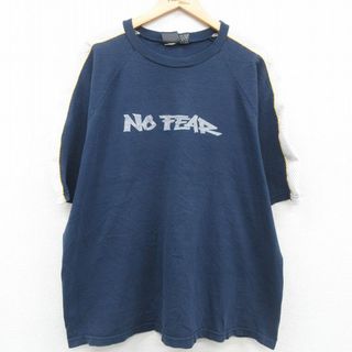 ノーフィアー(NO FEAR)のXL★古着 ノーフィア 半袖 ビンテージ Tシャツ メンズ 90年代 90s ビッグロゴ 大きいサイズ ラグラン コットン クルーネック USA製 紺他 ネイビー ライン 23sep08 中古(Tシャツ/カットソー(半袖/袖なし))