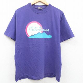 ヘインズ(Hanes)のL★古着 ヘインズ Hanes 半袖 ビンテージ Tシャツ メンズ 80年代 80s MILE-HI SHOWDOWN コットン クルーネック USA製 紫 パープル 23sep09 中古(Tシャツ/カットソー(半袖/袖なし))