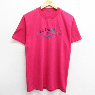 M★古着 半袖 ビンテージ Tシャツ メンズ 00年代 00s バハマ ナッソー イルカ ヤシの木 刺繍 クルーネック ピンク 23sep09 中古(Tシャツ/カットソー(半袖/袖なし))