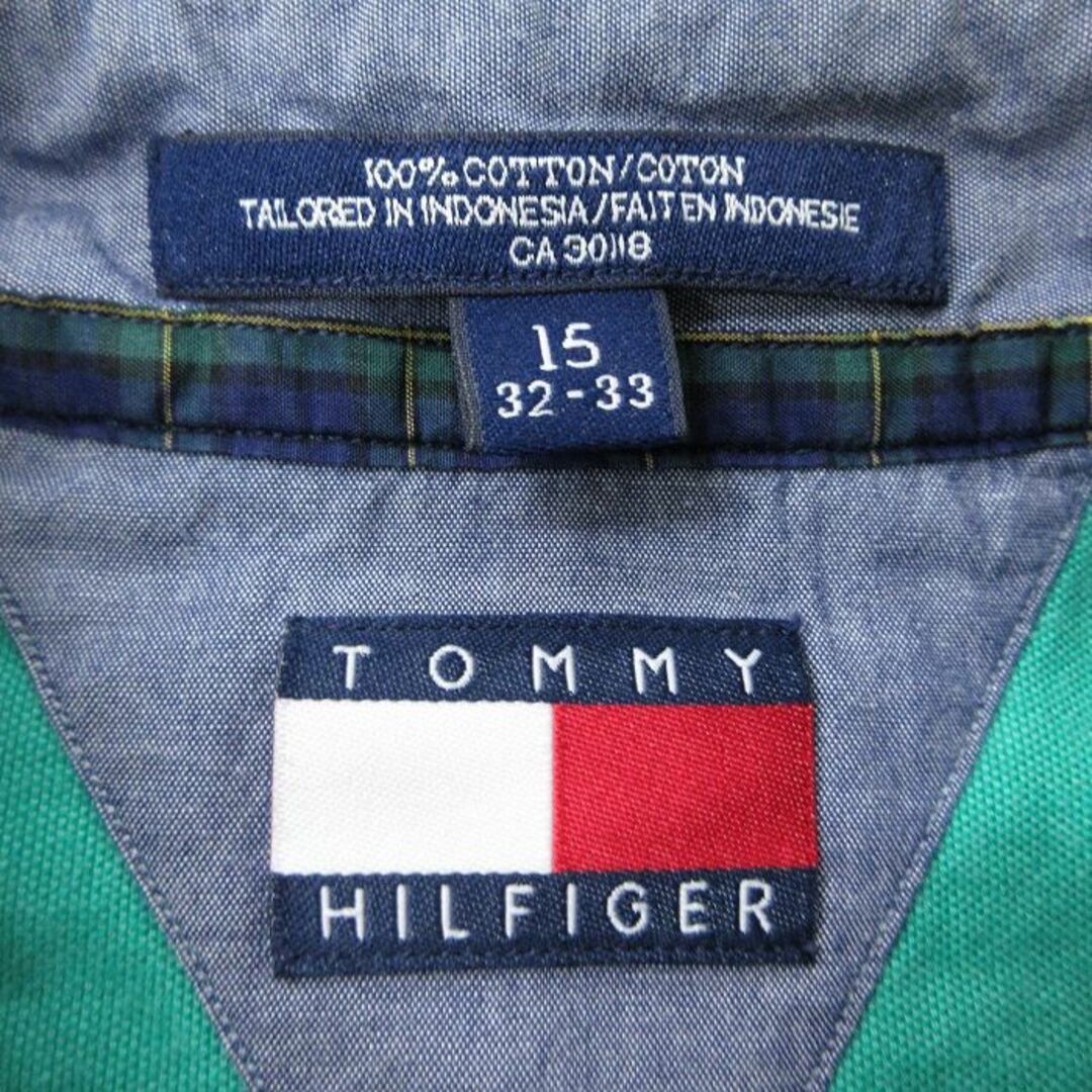 TOMMY HILFIGER(トミーヒルフィガー)のXL★古着 トミーヒルフィガー TOMMY HILFIGER 長袖 ブランド シャツ メンズ 90年代 90s ワンポイントロゴ コットン ボタンダウン 緑 グリーン 23sep14 中古 トップス メンズのトップス(シャツ)の商品写真