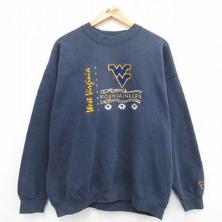 XL★古着 長袖 スウェット メンズ 90年代 90s ウエストバージニア 登山家 刺繍 大きいサイズ クルーネック USA製 紺 ネイビー 23sep11 中古 スエット トレーナー トップス(パーカー)