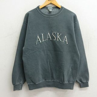 M★古着 長袖 スウェット メンズ 90年代 90s アラスカ 刺繍 クルーネック 緑系 グリーン 23sep14 中古 スエット トレーナー トップス(パーカー)