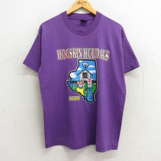 フルーツオブザルーム(FRUIT OF THE LOOM)のL★古着 フルーツオブザルーム 半袖 ビンテージ Tシャツ メンズ 90年代 90s ブタ HOGSKIN クルーネック USA製 紫 パープル 23sep11 中古(Tシャツ/カットソー(半袖/袖なし))