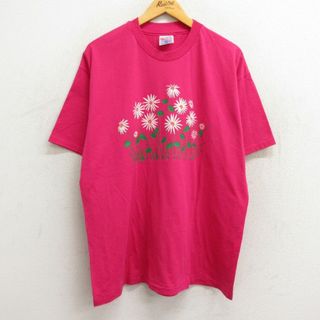 ヘインズ(Hanes)のXL★古着 ヘインズ Hanes 半袖 ビンテージ Tシャツ メンズ 90年代 90s 花 クルーネック 濃ピンク 23sep11 中古(Tシャツ/カットソー(半袖/袖なし))