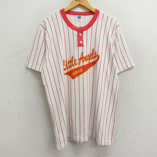 L★古着 ラッセル 半袖 ビンテージ Tシャツ メンズ 90年代 90s Little Angels ヘンリーネック USA製 白他 ホワイト ストライプ 23sep13 中古(Tシャツ/カットソー(半袖/袖なし))