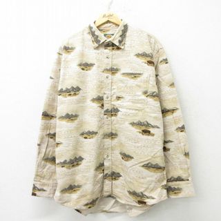 XL★古着 カベラス 長袖 フランネル シャツ メンズ 00年代 00s バイソン ネイティブ柄 ラグ柄 ロング丈 コットン ベージュ他 カーキ 23sep20 中古 トップス(シャツ)