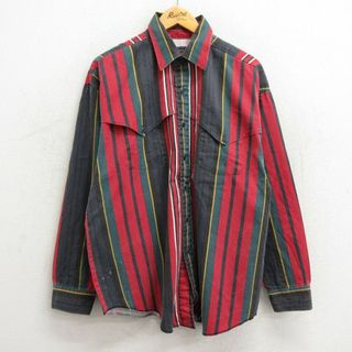 XL★古着 長袖 ウエスタン シャツ メンズ 90年代 90s ロング丈 コットン USA製 赤他 レッド ストライプ 23sep20 中古 トップス(シャツ)