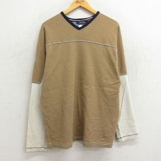 トミーヒルフィガー(TOMMY HILFIGER)のXL★古着 トミーヒルフィガー TOMMY HILFIGER トミージーンズ 長袖 ブランド フットボール サーマル Tシャツ メンズ 90年代 90s 無地 大きいサイズ コットン ツートンカラー Vネック ベージュ他 カーキ 23sep19 中古(Tシャツ/カットソー(半袖/袖なし))