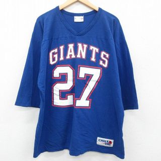 XL★古着 チョークライン 7分袖 ビンテージ フットボール Tシャツ メンズ 90年代 90s NFL ニューヨークジャイアンツ ロドニーハンプトン 大きいサイズ Vネック 青 ブルー アメフト スーパーボウル 23sep19 中古 7分丈 七分丈 七分袖(Tシャツ/カットソー(半袖/袖なし))