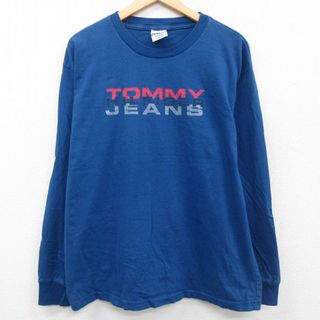 トミーヒルフィガー(TOMMY HILFIGER)のXL★古着 トミーヒルフィガー TOMMY HILFIGER 長袖 ビンテージ Tシャツ メンズ 90年代 90s ビッグロゴ 大きいサイズ コットン クルーネック 青 ブルー 23sep19 中古(Tシャツ/カットソー(半袖/袖なし))