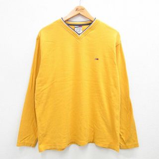 トミーヒルフィガー(TOMMY HILFIGER)のXL★古着 トミーヒルフィガー TOMMY HILFIGER トミージーンズ 長袖 ブランド Tシャツ メンズ 90年代 90s ワンポイントロゴ コットン Vネック 黄 イエロー 23sep20 中古(Tシャツ/カットソー(半袖/袖なし))