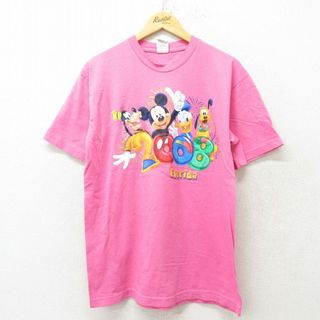 ディズニー(Disney)のL★古着 半袖 ビンテージ Tシャツ メンズ 00年代 00s ディズニー DISNEY ミッキー MICKEY MOUSE グーフィー コットン クルーネック ピンク 23sep19 中古(Tシャツ/カットソー(半袖/袖なし))