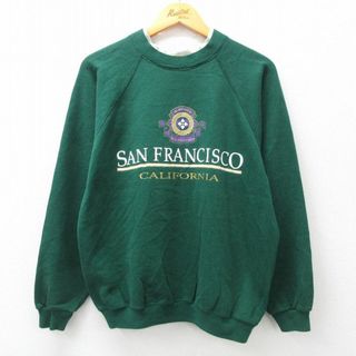 ヘインズ(Hanes)のL★古着 ヘインズ Hanes 長袖 スウェット メンズ 80年代 80s サンフランシスコ カリフォルニア ラグラン クルーネック USA製 緑 グリーン 23sep21 中古 スエット トレーナー トップス(パーカー)