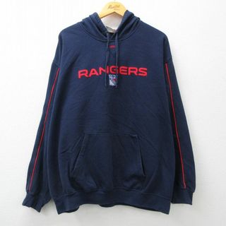 マジェスティック(Majestic)のXL★古着 マジェスティック 長袖 スウェット パーカー メンズ 00年代 00s NHL ニューヨークレンジャーズ 大きいサイズ 紺 ネイビー アイスホッケー 23sep21 中古 スエット トレーナー トップス(パーカー)