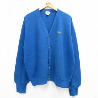 ラコステ(LACOSTE)のXL★古着 ラコステ LACOSTE IZOD 長袖 ブランド ニット カーディガン メンズ 90年代 90s ワンポイントロゴ アクリル USA製 青 ブルー 【spe】 23sep22 中古 トップス(カーディガン)