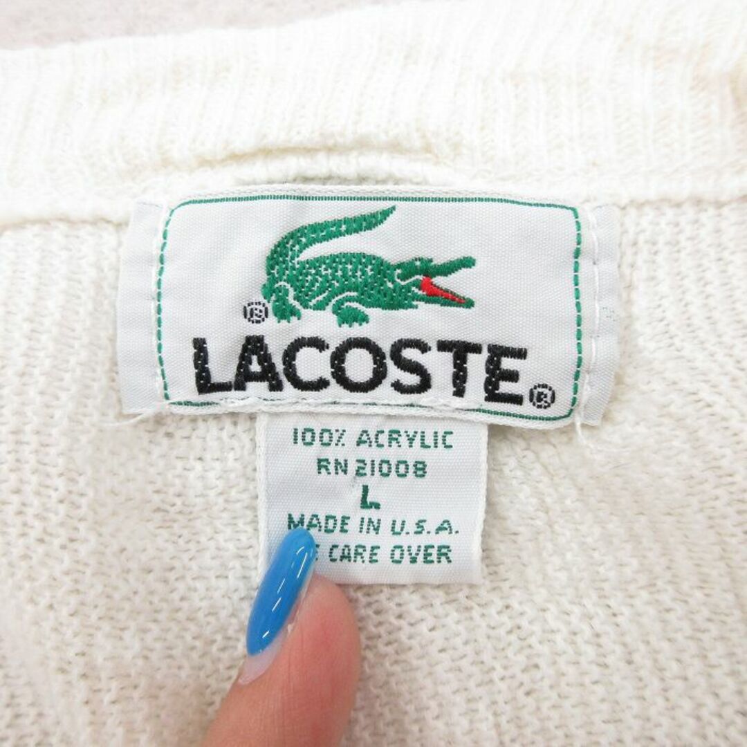 LACOSTE(ラコステ)のM★古着 ラコステ LACOSTE 長袖 ブランド セーター メンズ 90年代 90s ワンポイントロゴ アクリル Vネック USA製 白 ホワイト 23sep22 中古 ニット トップス メンズのトップス(ニット/セーター)の商品写真