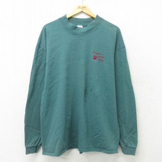 XL★古着 長袖 ビンテージ Tシャツ メンズ 90年代 90s 足跡 大きいサイズ コットン モックネック ハイネック USA製 緑 グリーン 23sep22 中古(Tシャツ/カットソー(半袖/袖なし))