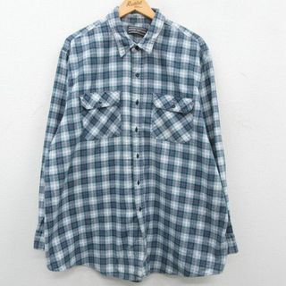 XL★古着 長袖 フランネル シャツ メンズ 90年代 90s 大きいサイズ ロング丈 緑系他 グリーン チェック 23sep28 中古 トップス(シャツ)