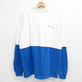 チャンピオン(Champion)のL★古着 チャンピオン champion 長袖 スウェット パーカー メンズ 90年代 90s ワンポイントロゴ ツートンカラー USA製 白他 ホワイト 23sep26 中古 スエット トレーナー トップス(パーカー)