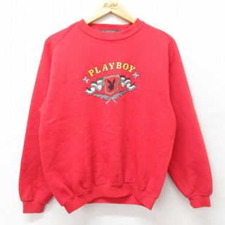 M★古着 長袖 スウェット メンズ 90年代 90s プレイボーイ PLAY BOY クルーネック 赤 レッド 【spe】 23sep26 中古 スエット トレーナー トップス(パーカー)