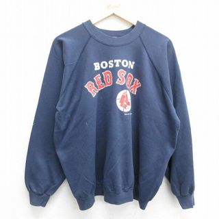 XL★古着 長袖 スウェット メンズ 80年代 80s MLB ボストンレッドソックス ラグラン クルーネック USA製 紺 ネイビー メジャーリーグ ベースボール 野球 23sep27 中古 スエット トレーナー トップス(パーカー)