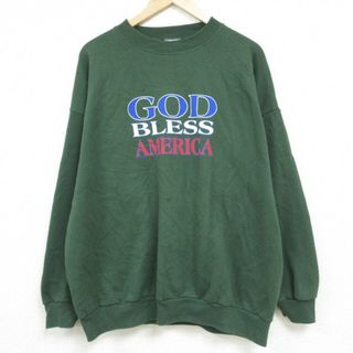 XL★古着 TULTEX 長袖 スウェット メンズ 90年代 90s GOD BLESS AMERICA 大きいサイズ クルーネック 濃緑 グリーン 23sep27 中古 スエット トレーナー トップス(パーカー)