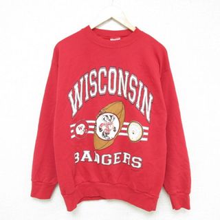 M★古着 SIGNAL 長袖 スウェット メンズ 90年代 90s WISCONSIN BADGERS クルーネック USA製 赤 レッド 23oct02 中古 スエット トレーナー トップス(パーカー)